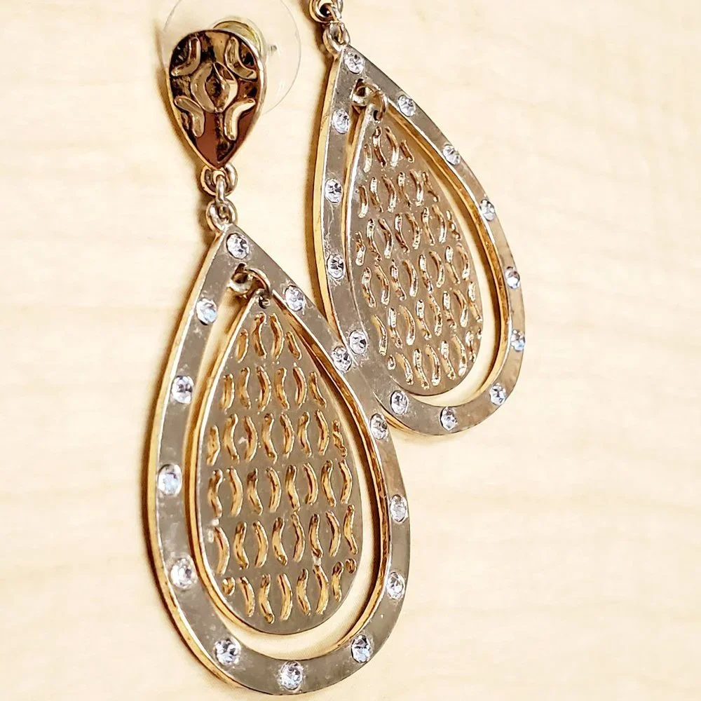 Beautiful Gold Teardrop Pierced Dangle Earrings with Rhinestone Accent